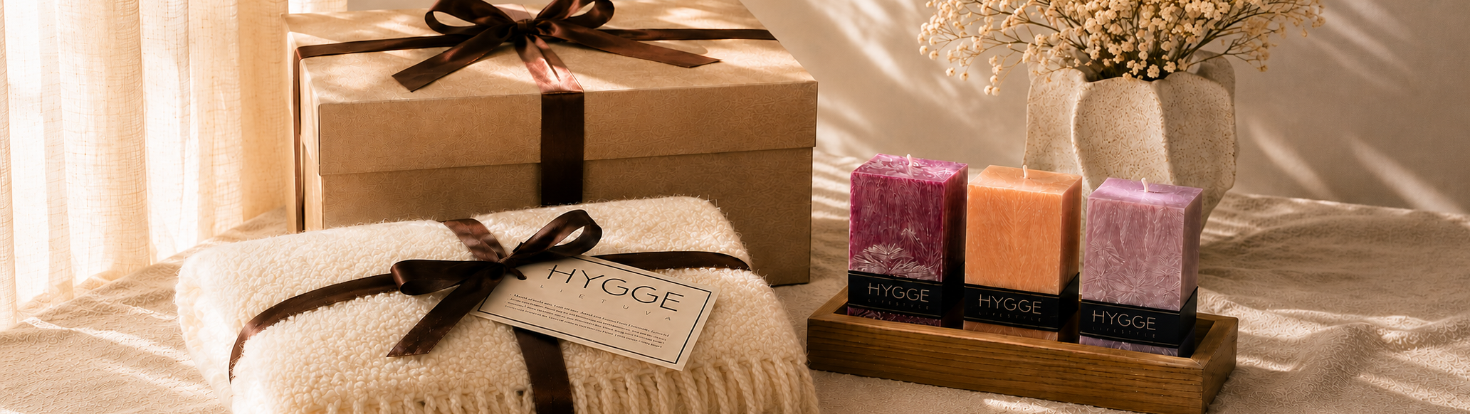 Dovanų rinkiniai, natūralaus vaško žvakės ir vilnoniai pledai – Hygge Lietuva